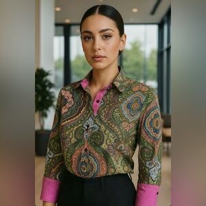 $298 Robert Graham Paisley 100% Cotton Cuff blouse